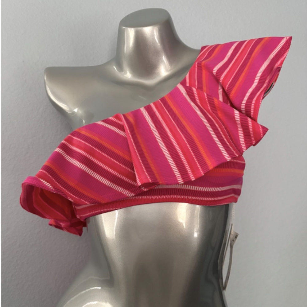 Trina Turk Pink & Orange One-Shoulder Ruffle Stripe Bikini - Picture 2 of 9